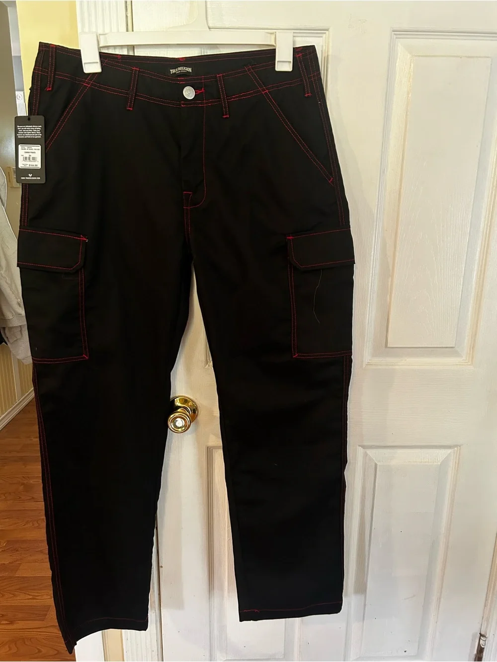 NWT Men’s True Religion Black Cargo Pants with Red Stitching